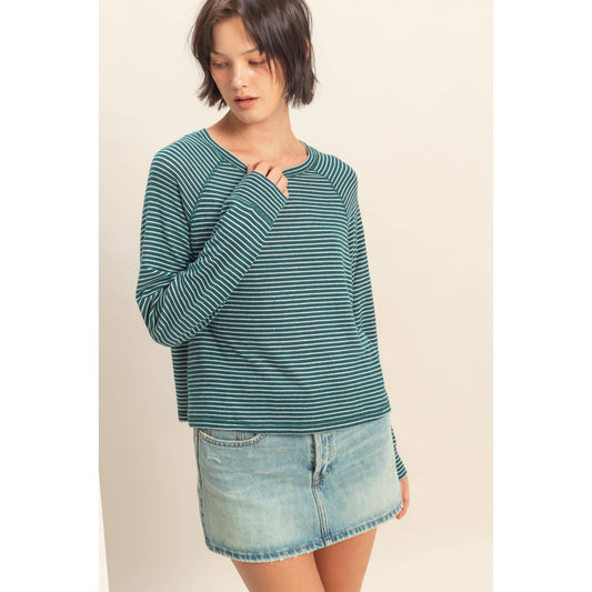 Striped Raglan Long Sleeve Top — Taupe/Cream