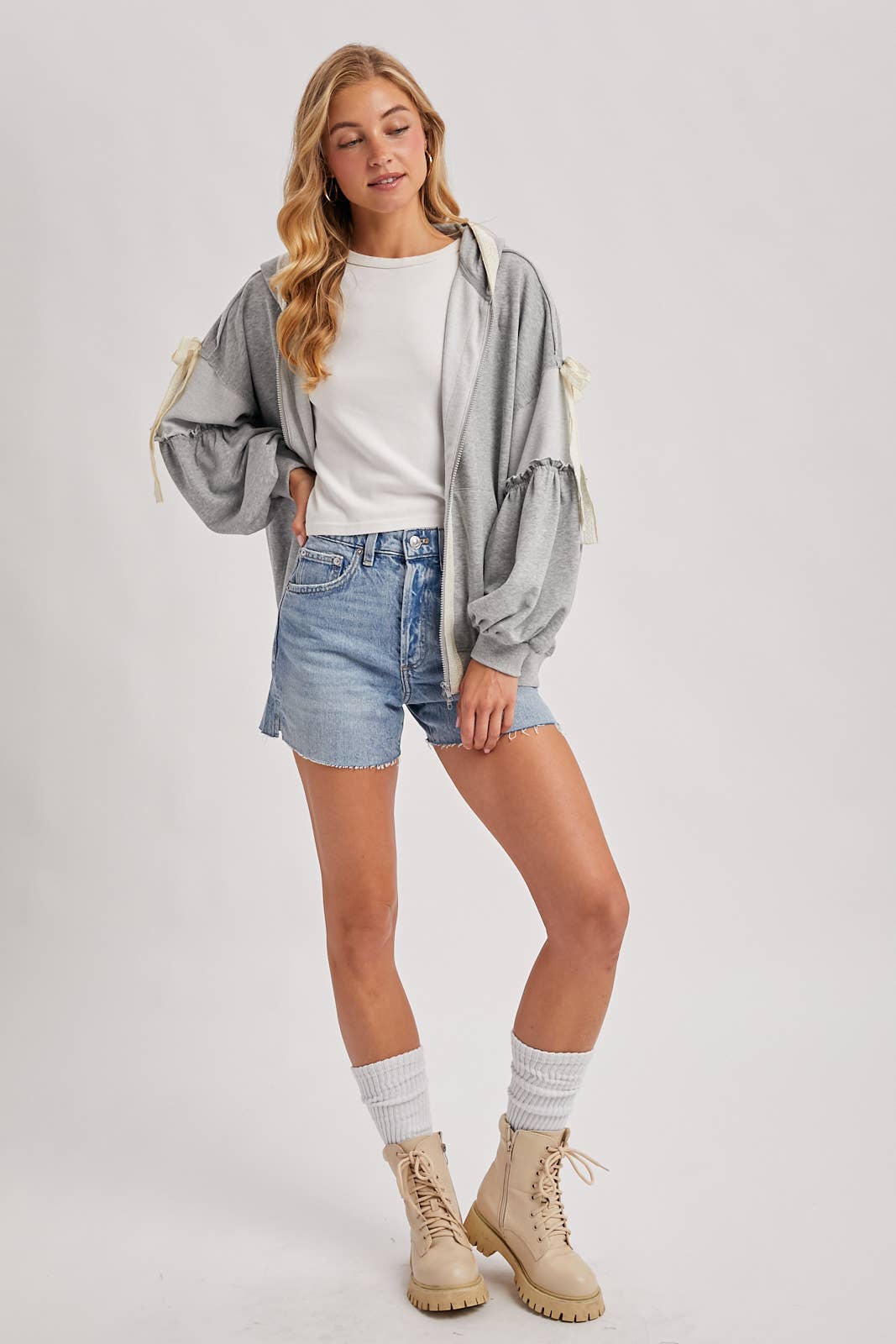 Lace-Trimmed Balloon Sleeve Zip Hoodie