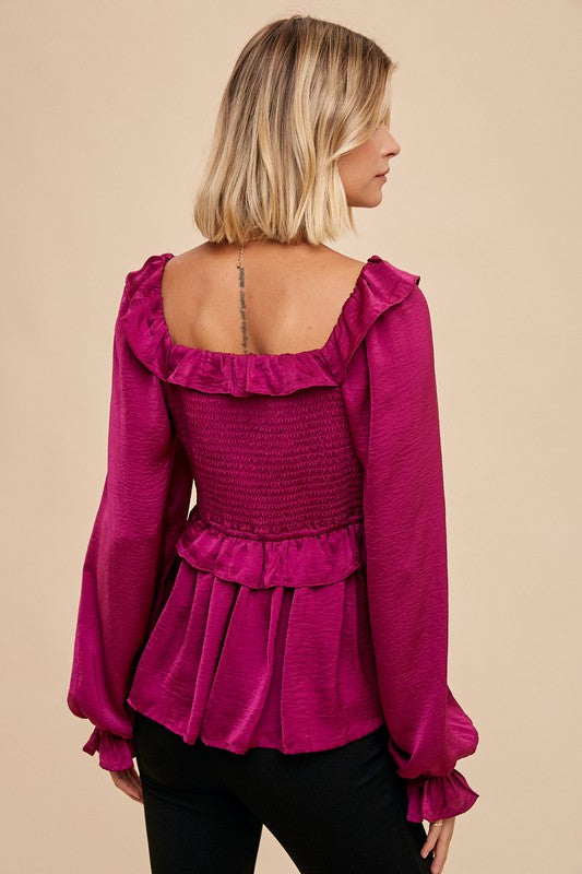 Satin Cross Ruffle Blouse