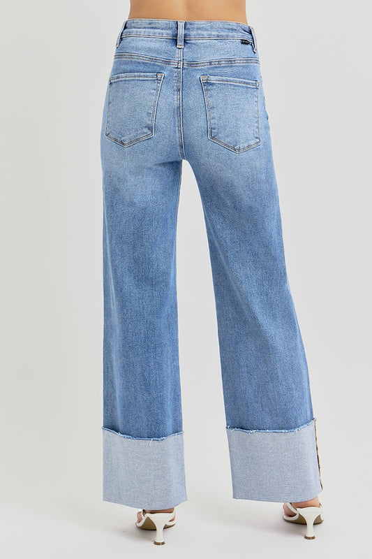 High Rise Ankle Wide Cuffed Jeans