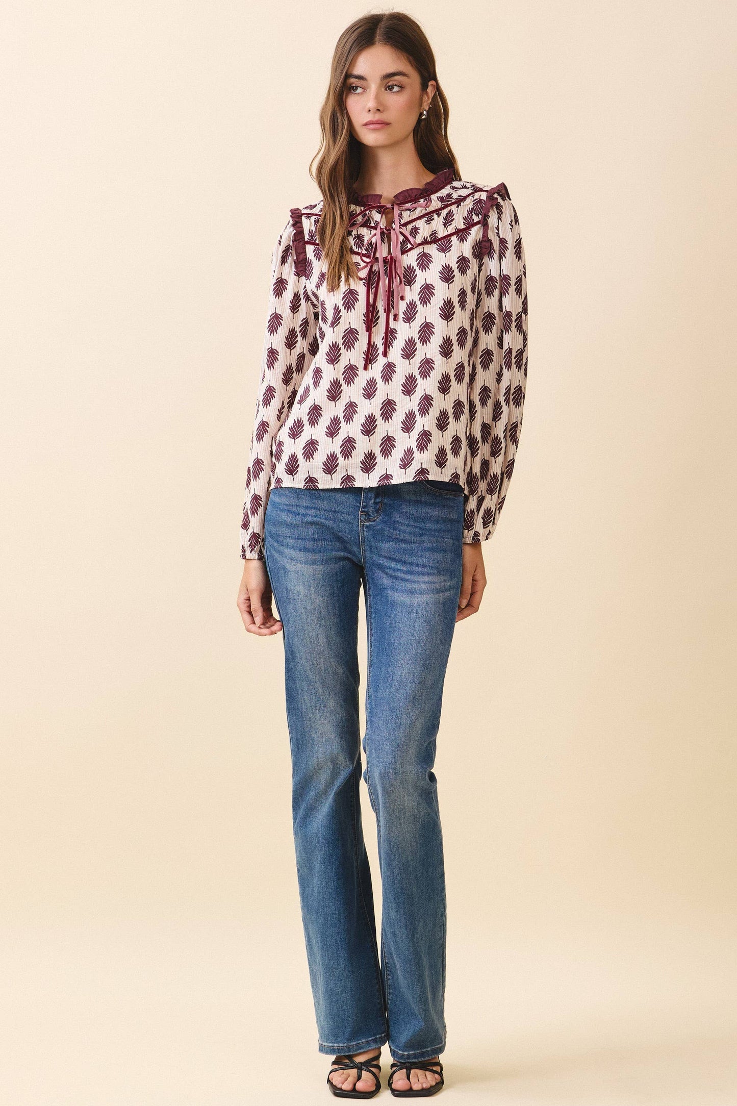 Ruffled Collar Leaf Print Blouse