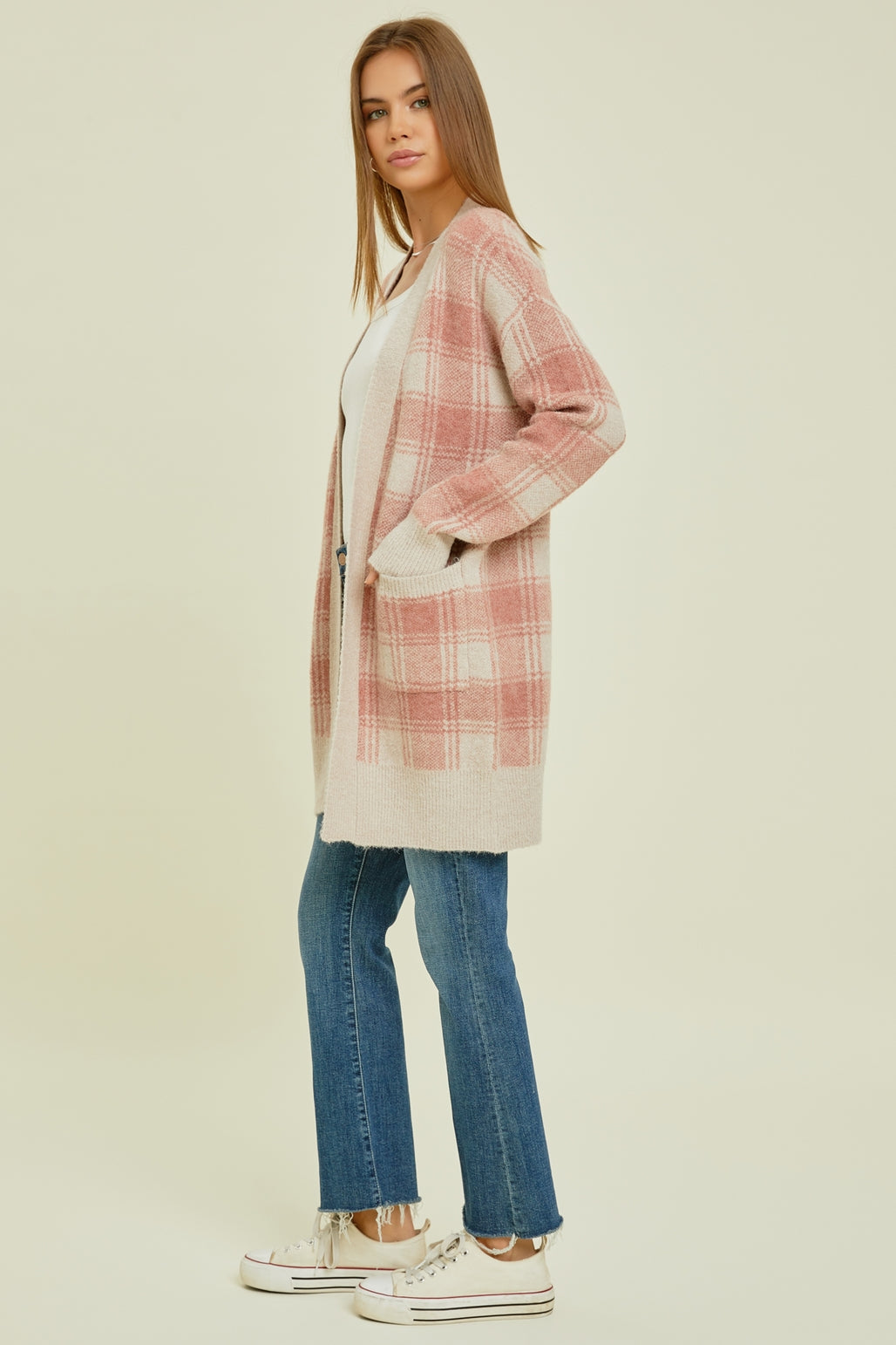 Long Plaid Cardigan - Rose