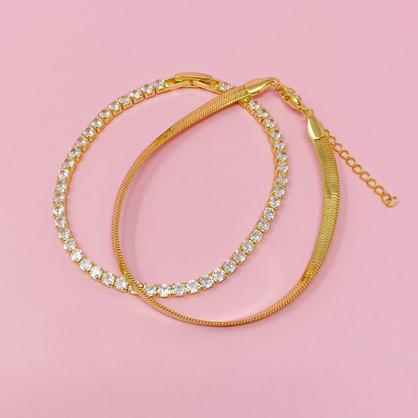 Herringbone and Tennis Bracelet Set of 2