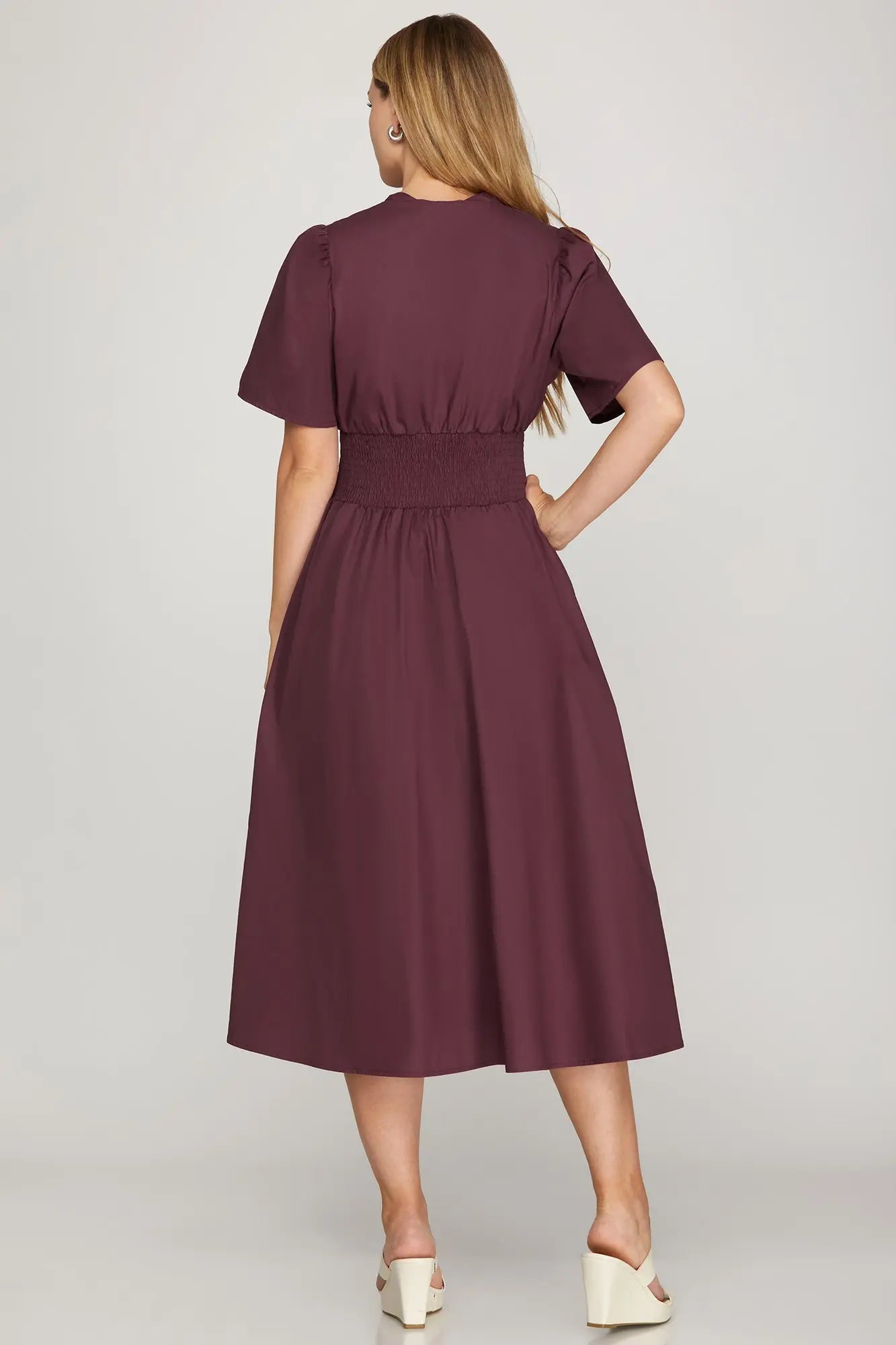 Smocked Zip Front Midi Dress