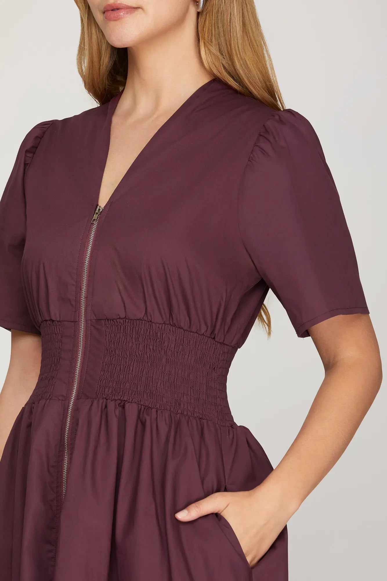 Smocked Zip Front Midi Dress