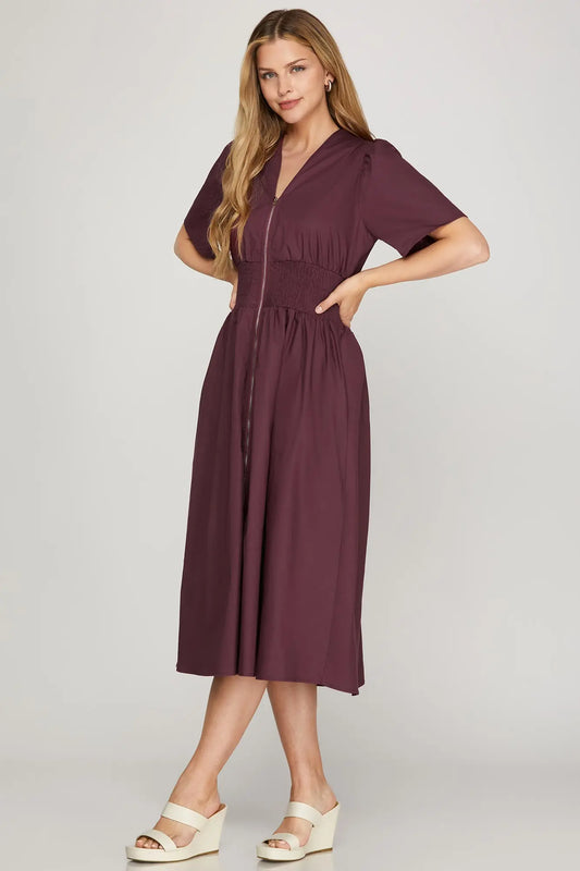 Smocked Zip Front Midi Dress