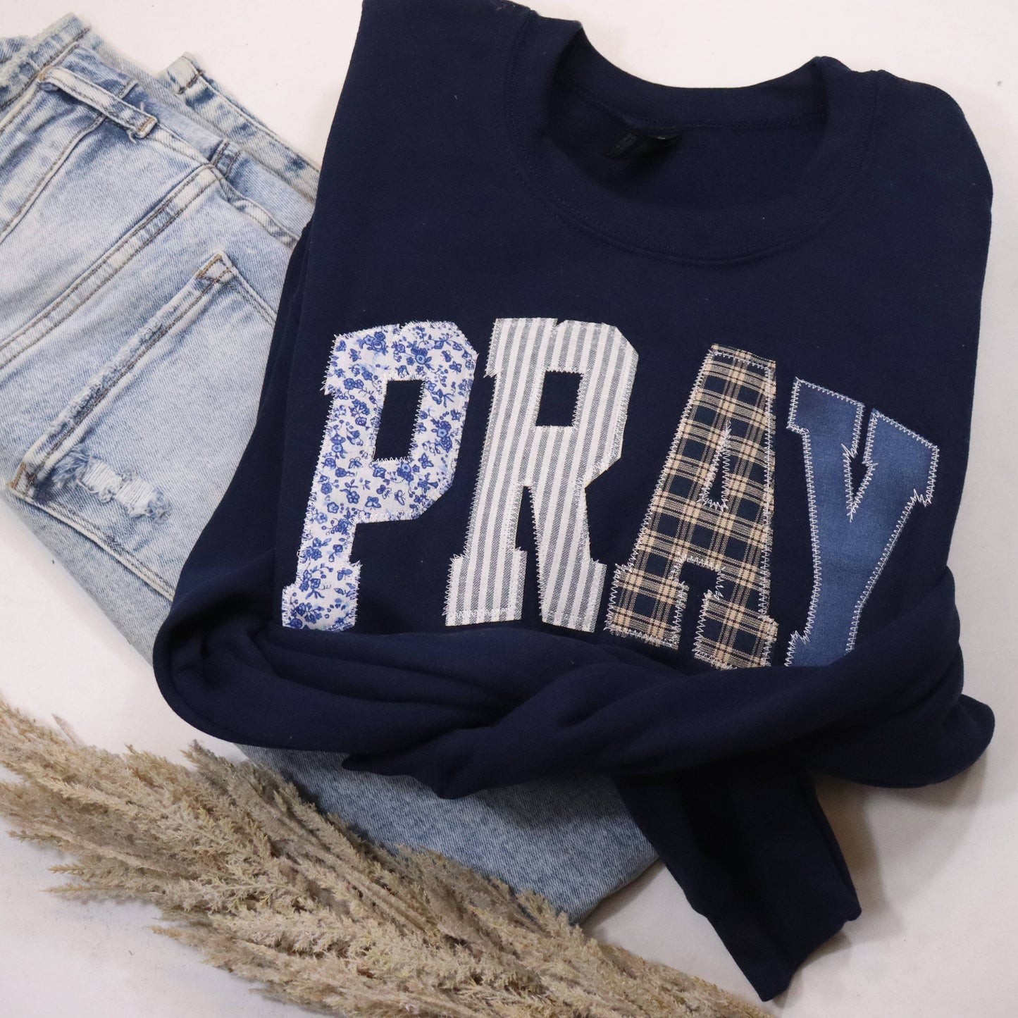 Navy Patchwork Pray Crewneck