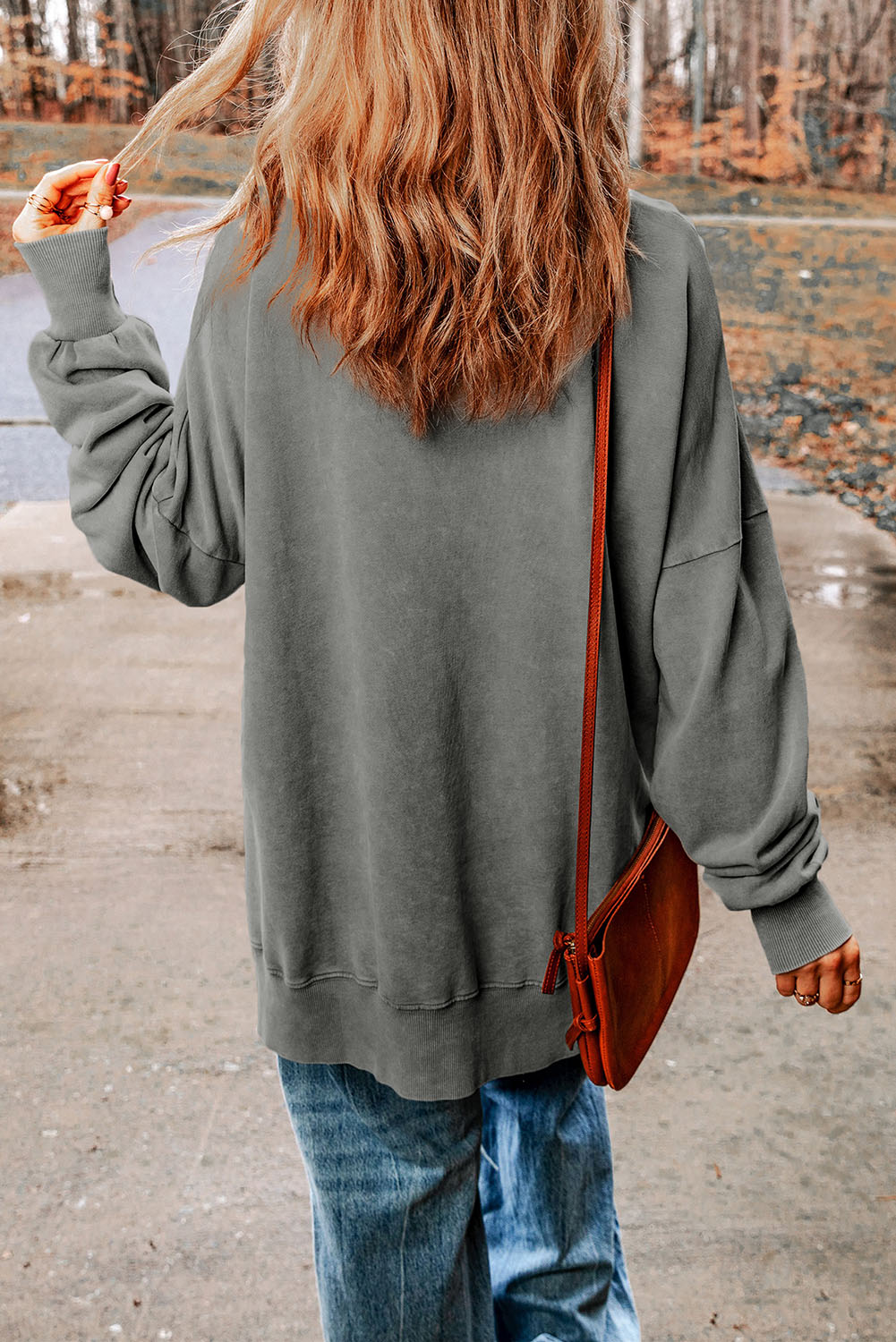 Drop Shoulder Ribbed Trim Oversized Sweatshirt - Ash