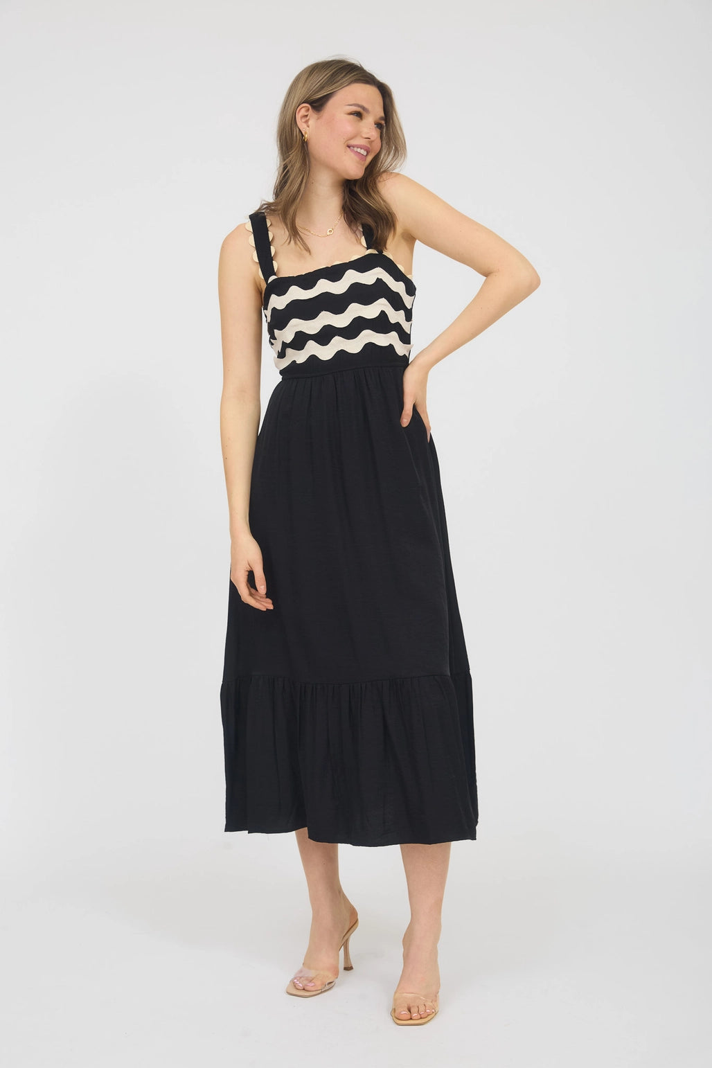 Wavy Scallop Sleeveless Midi Dress