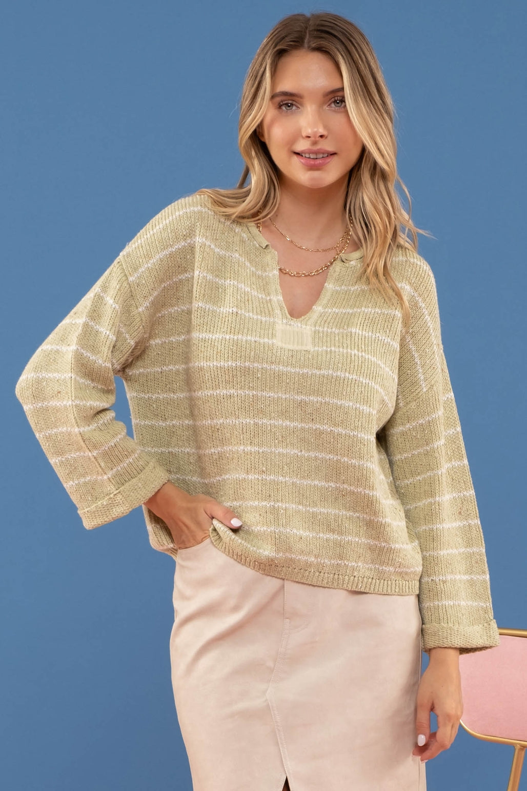 Striped Split Neck Sweater
