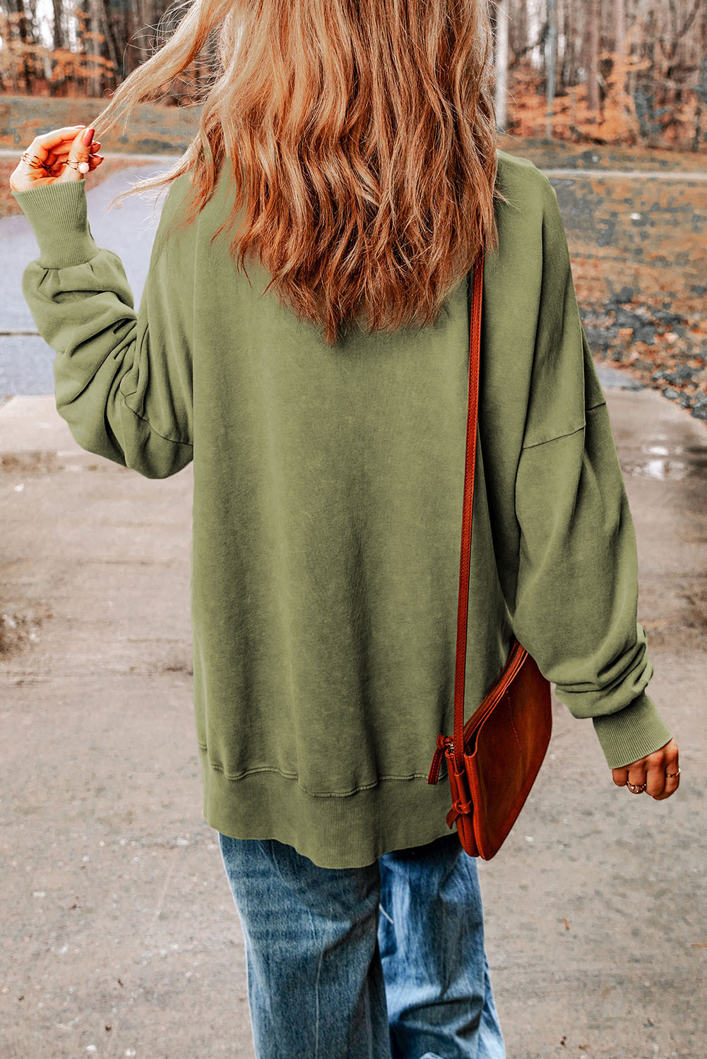 Drop Shoulder Ribbed Trim Oversized Sweatshirt - Olive