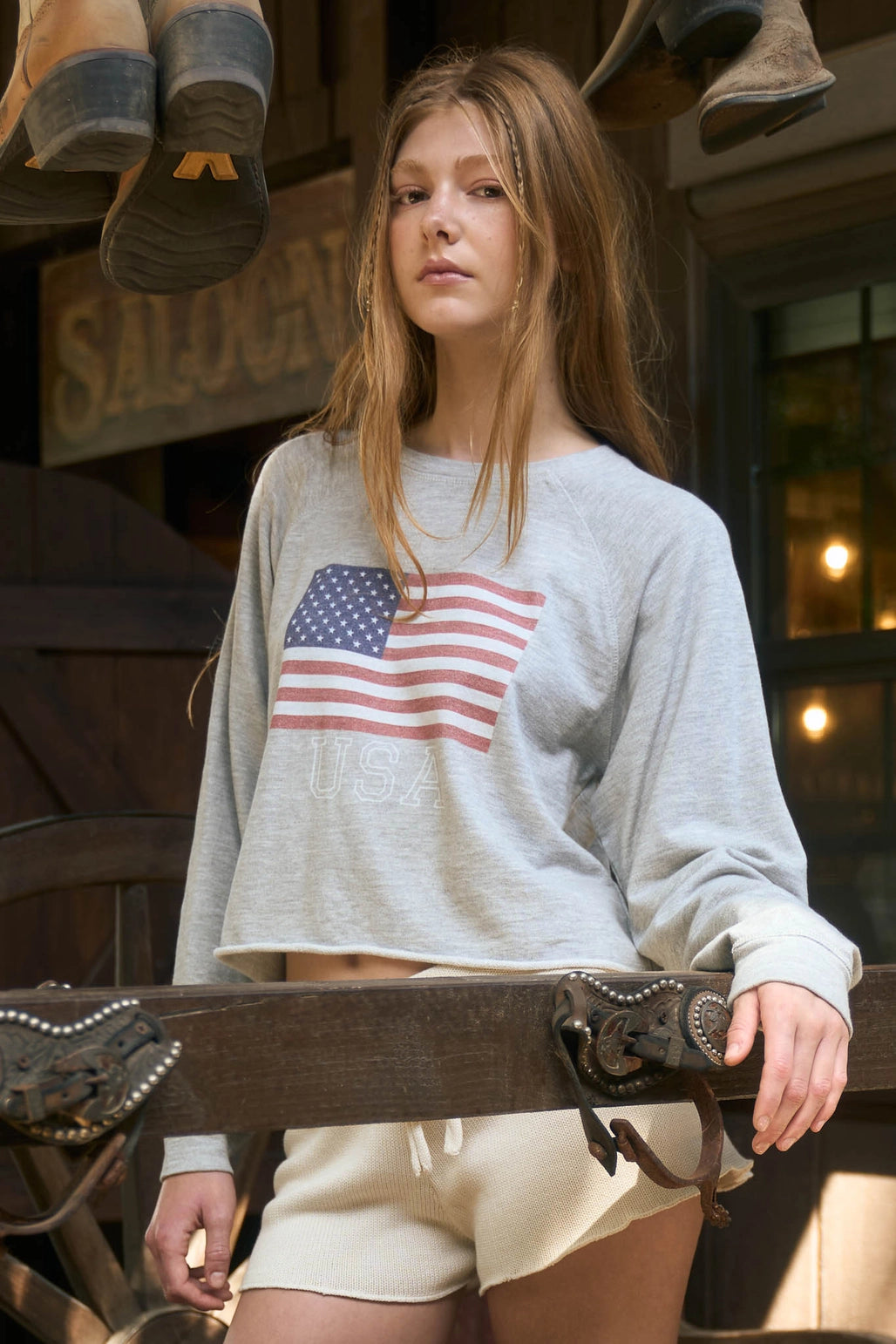 USA Long Sleeve Raw Hem Top