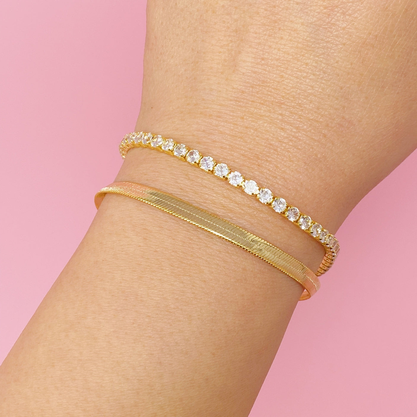 Herringbone and Tennis Bracelet Set of 2