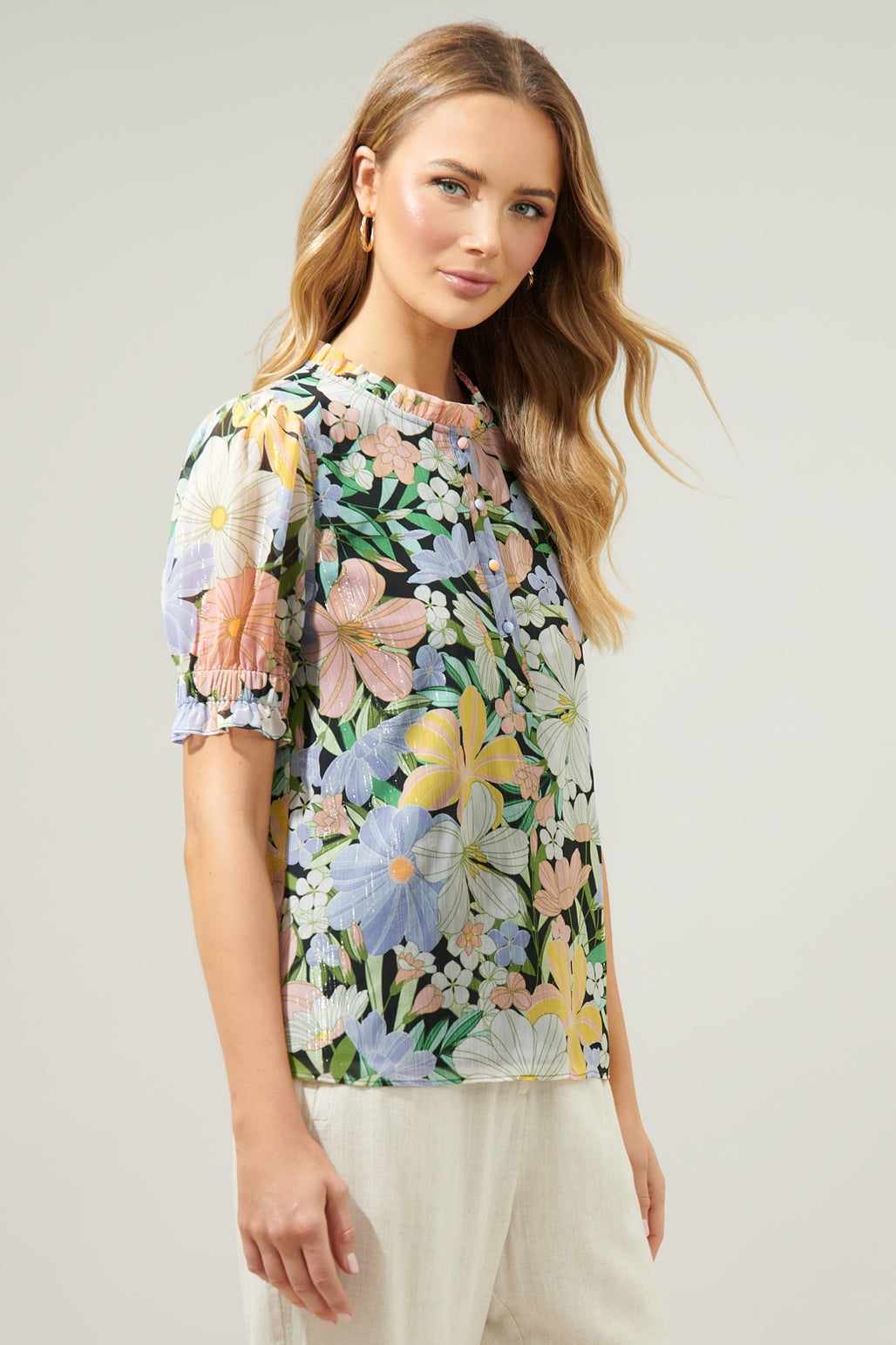Floral Henley Button Front Blouse