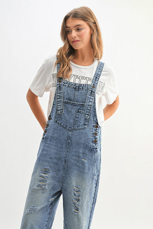 Distressed Wide Leg Denim Jumpsuit