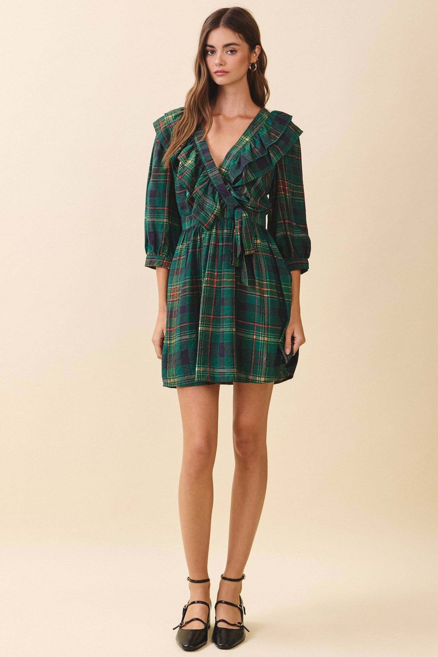 Plaid Ruffle-Trim Wrap Dress