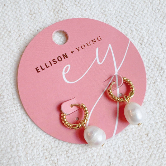 Cabled Huggie Natural Pearl Hoop Earrings