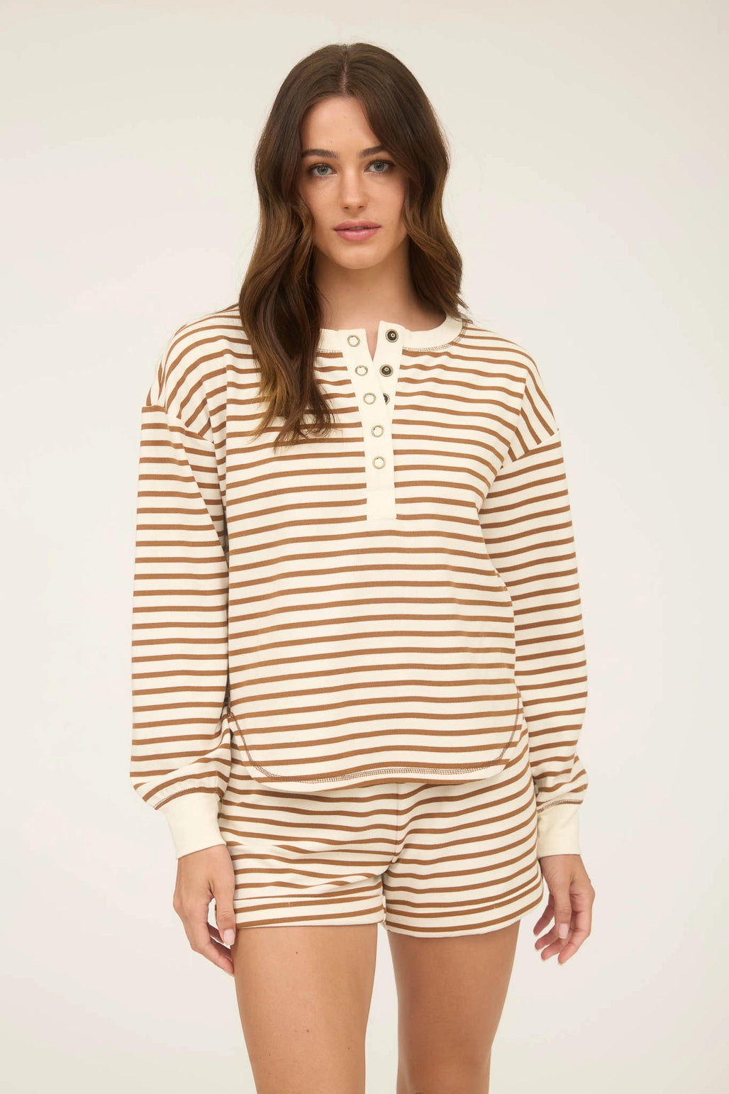 Taupe Stripe Henley Long Sleeve Top