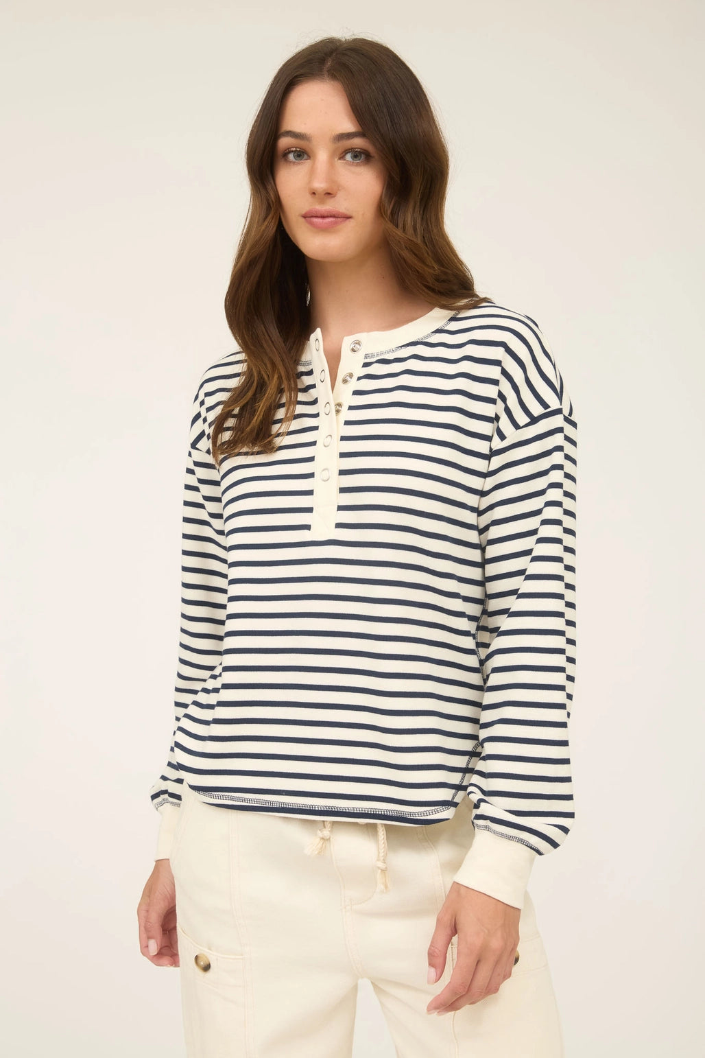 Navy Stripe Henley Long Sleeve Top