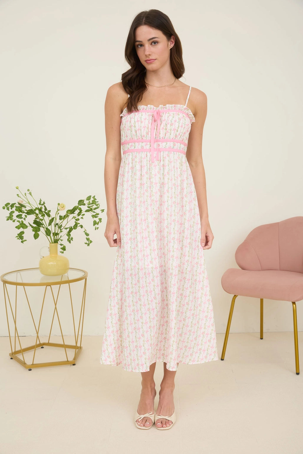 Floral Bow Pattern Midi Dress