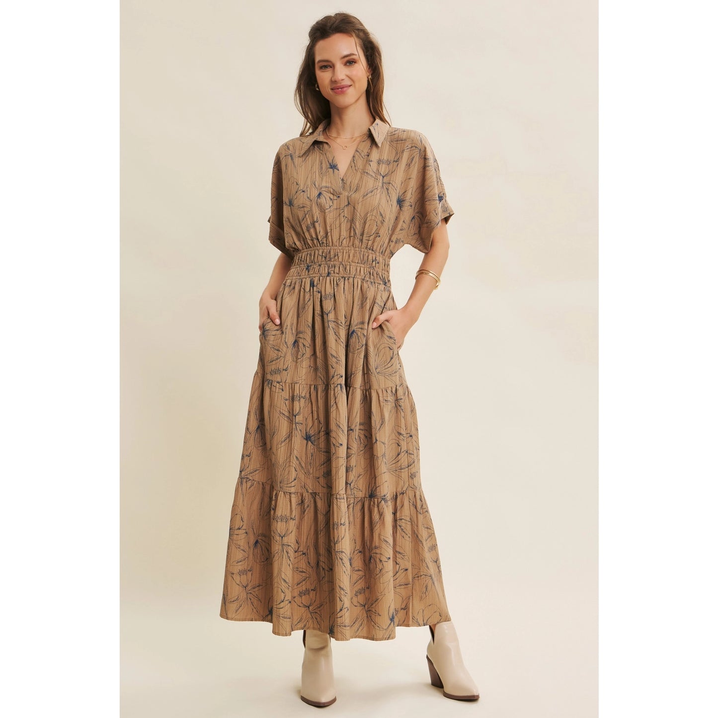 Vintage Inspired Textured Floral Maxi Dress with Dolman Slvs