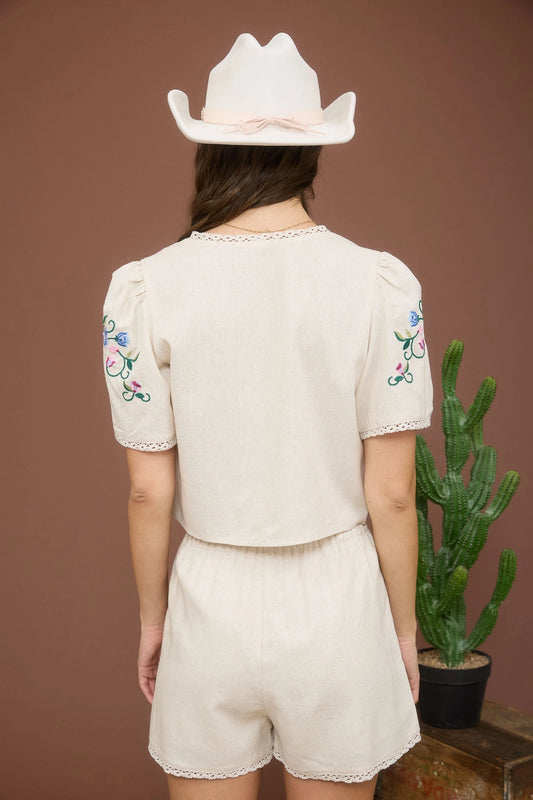 Floral Embroidery Detail Front Tie Cropped Blouse