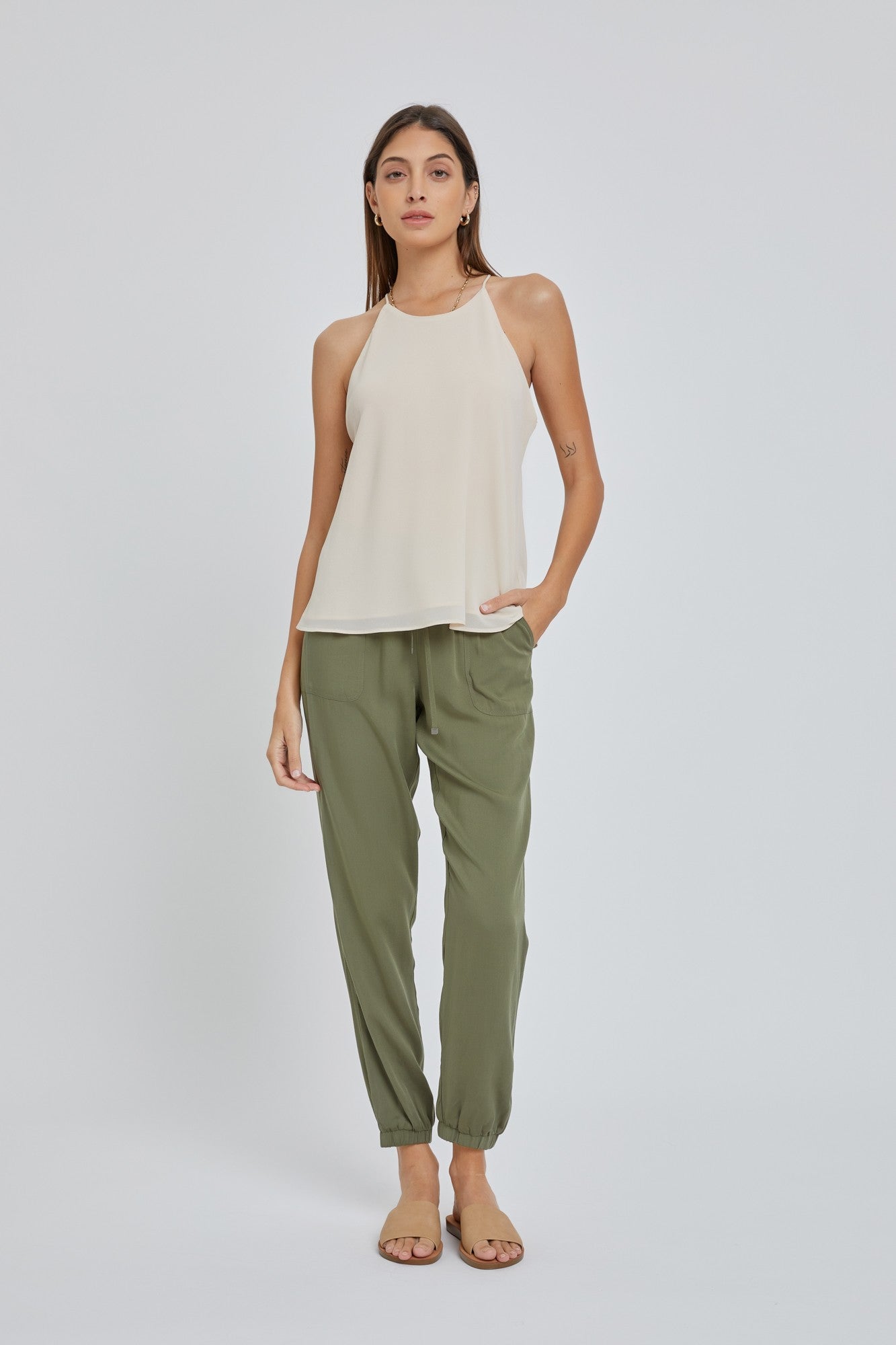 High Rise Drawstring Joggers - Olive