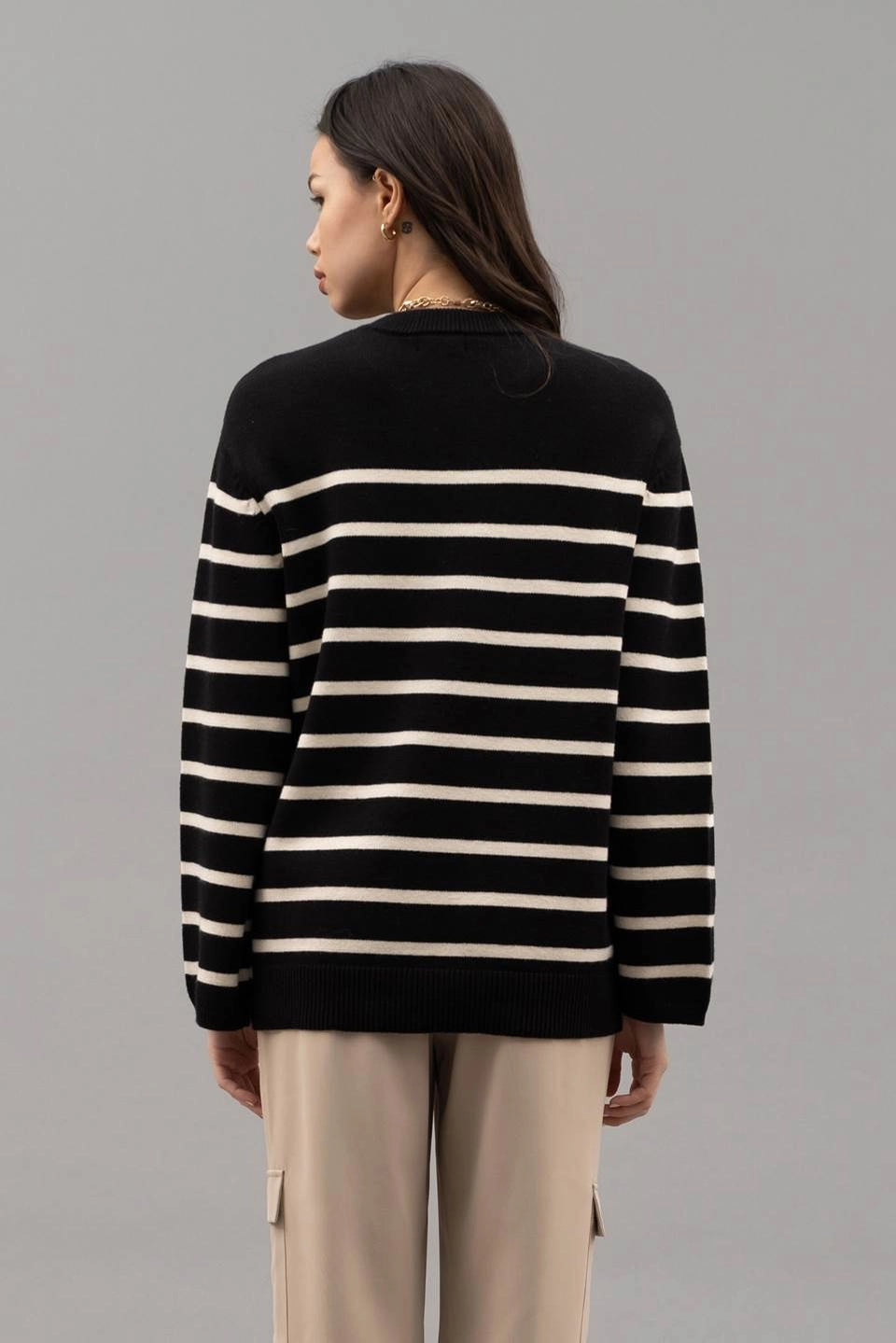 Drop Shoulder Striped Knit Sweater