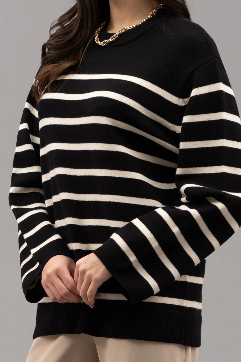 Drop Shoulder Striped Knit Sweater