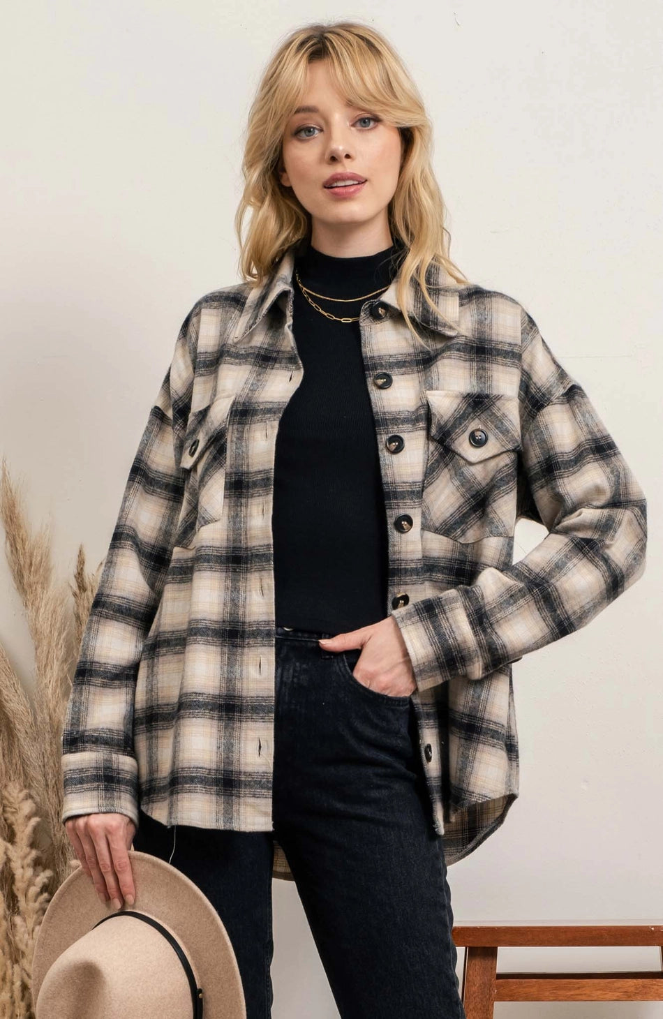 Extended Shoulder Plaid Shacket