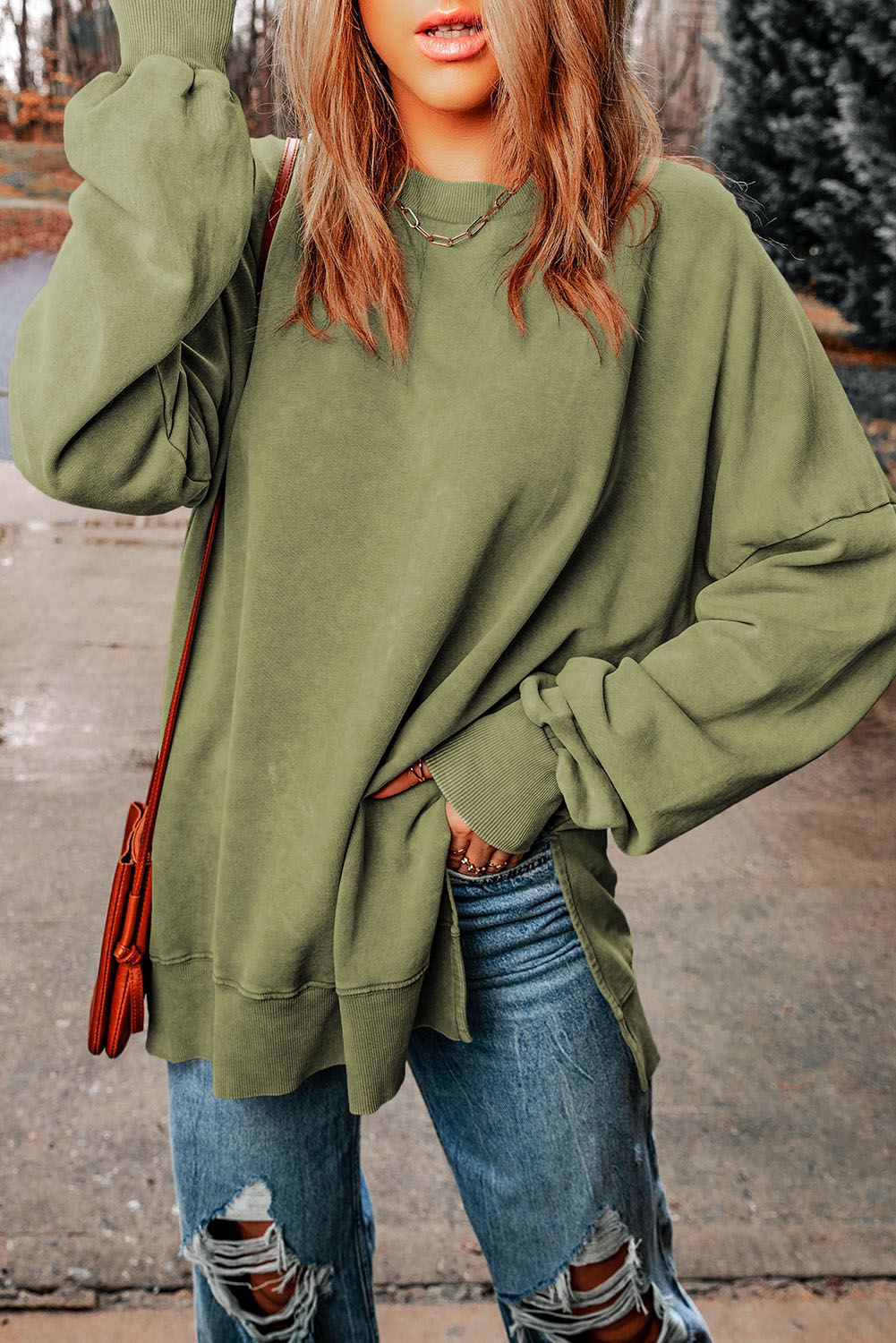 Drop Shoulder Ribbed Trim Oversized Sweatshirt - Olive
