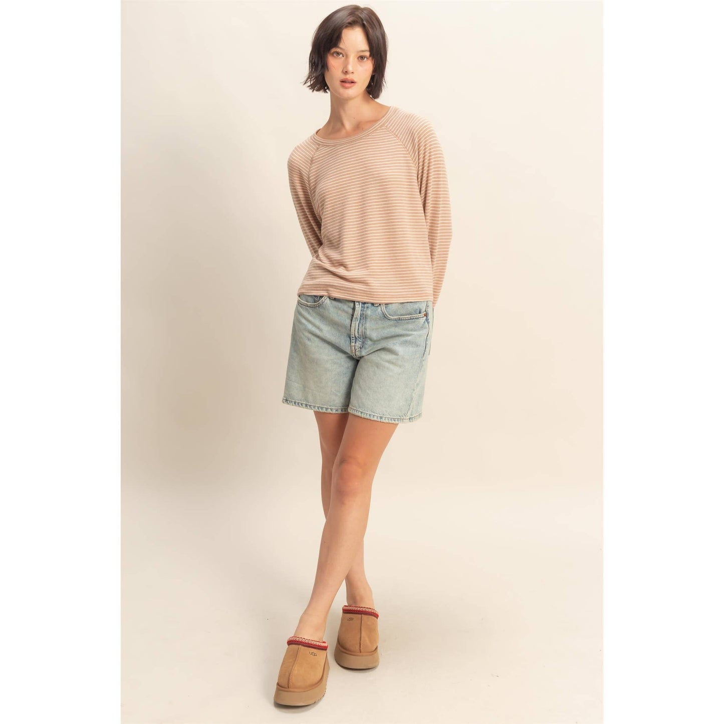 Striped Raglan Long Sleeve Top — Taupe/Cream