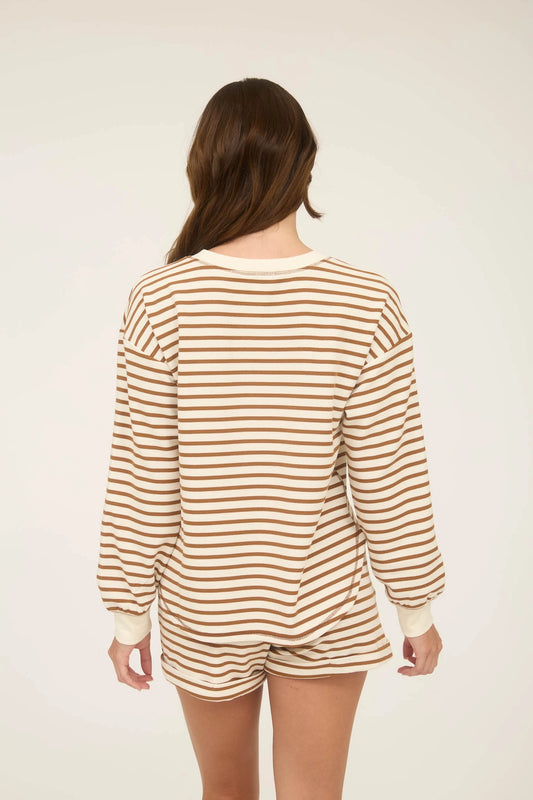 Taupe Stripe Henley Long Sleeve Top