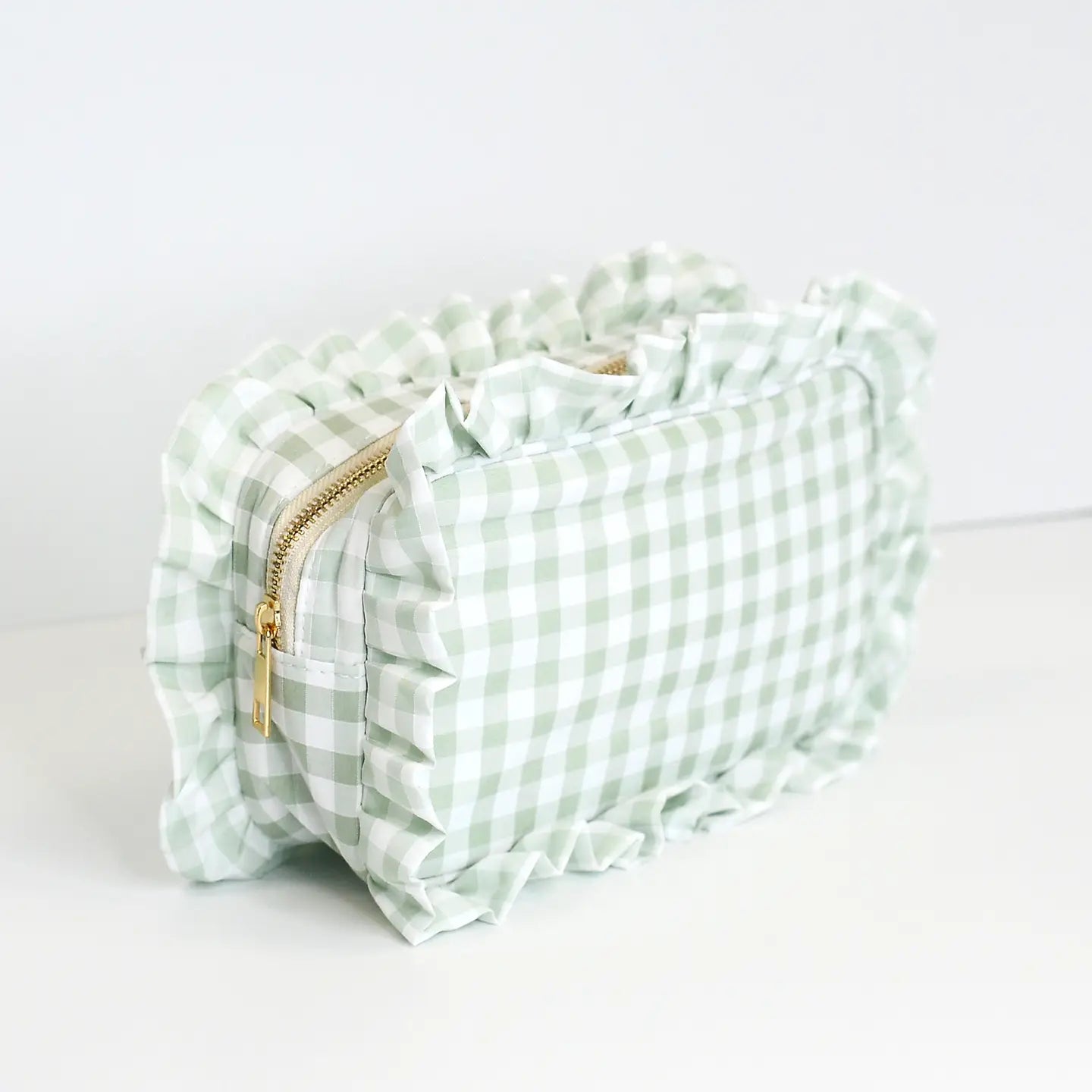 Gingham Ruffle Pouch I Green