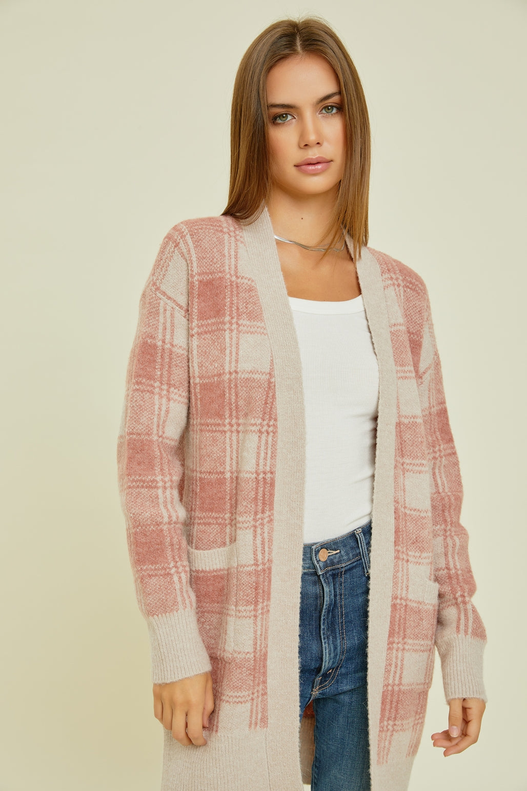 Long Plaid Cardigan - Rose