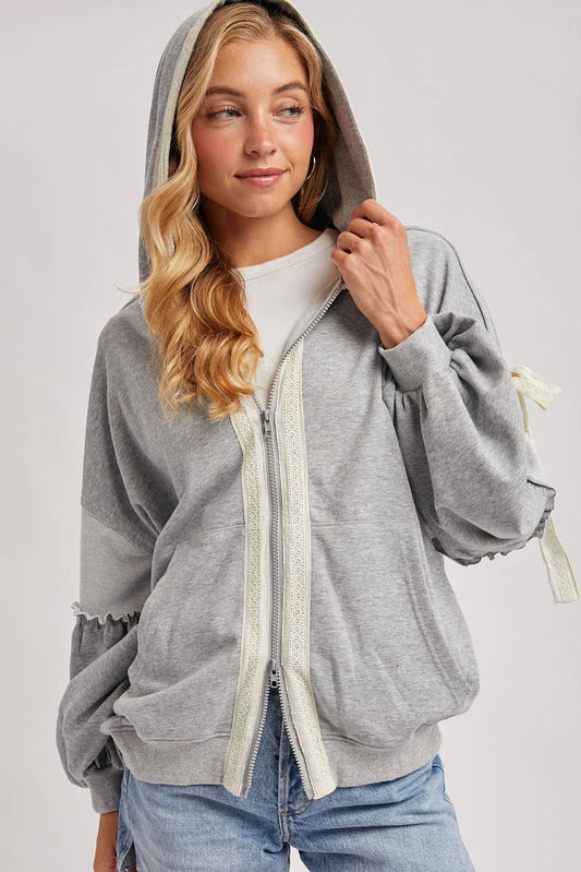 Lace-Trimmed Balloon Sleeve Zip Hoodie