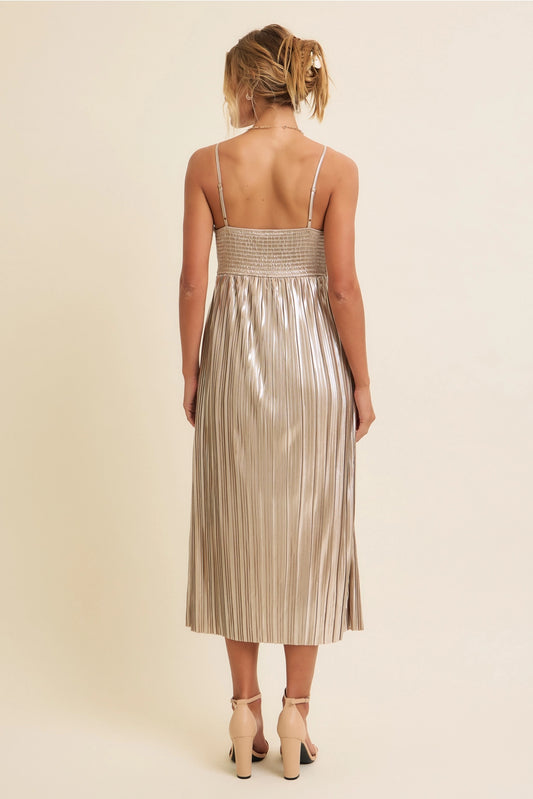Shiny Metallic Pleated Midi Dress with Smocked Back