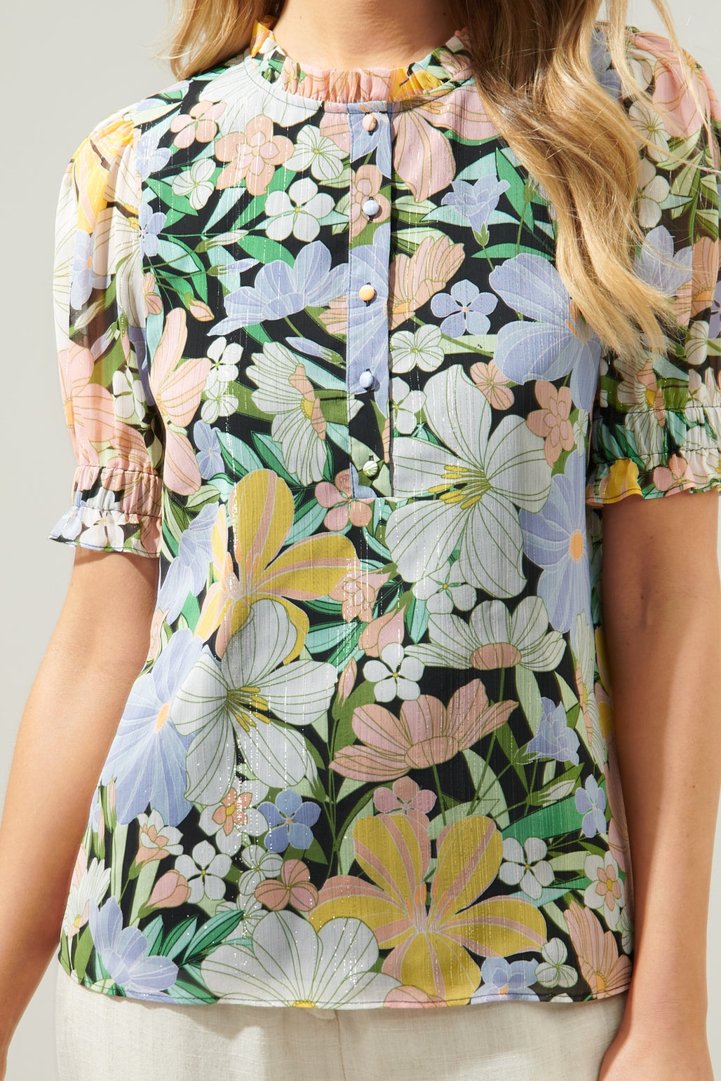 Floral Henley Button Front Blouse