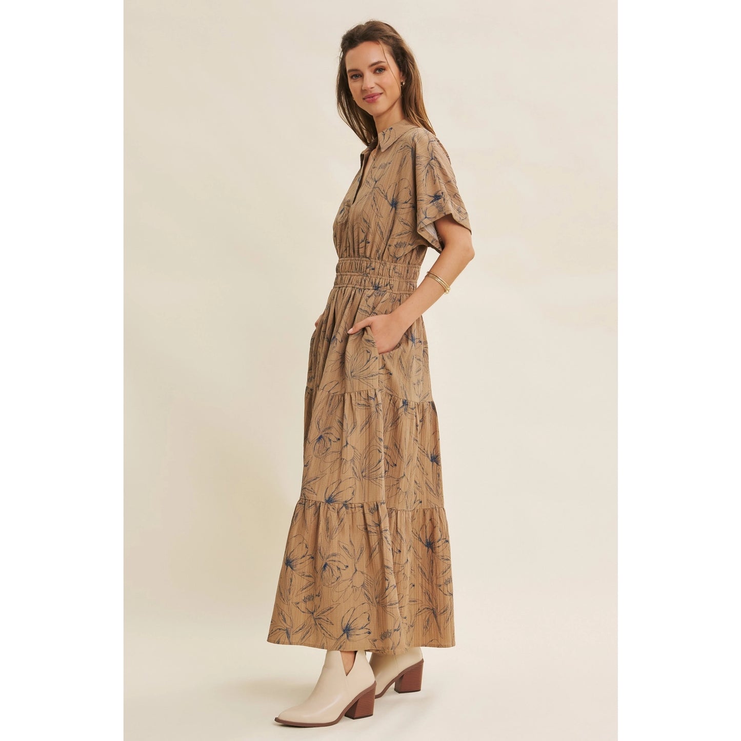 Vintage Inspired Textured Floral Maxi Dress with Dolman Slvs