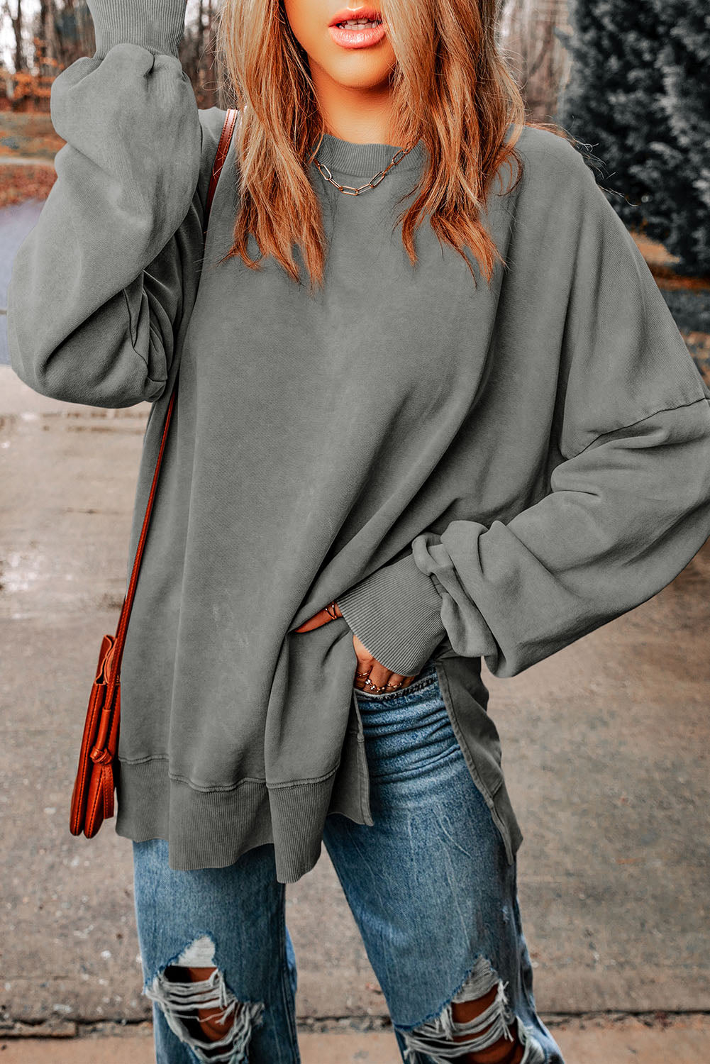 Drop Shoulder Ribbed Trim Oversized Sweatshirt - Ash