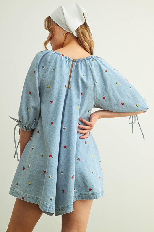 Embroidered Denim Romper