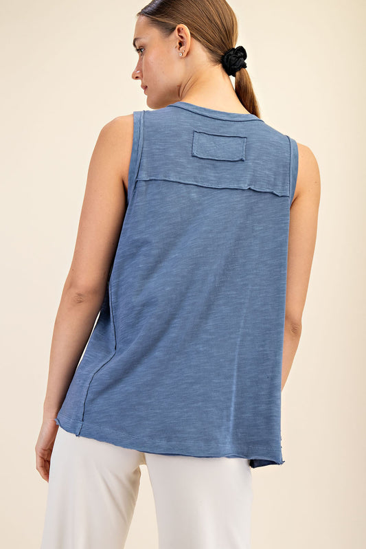 Blue Mineral Washed Henley Tank