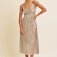 Shiny Metallic Pleated Midi Dress with Smocked Back