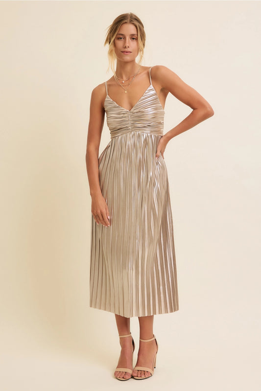 Shiny Metallic Pleated Midi Dress with Smocked Back