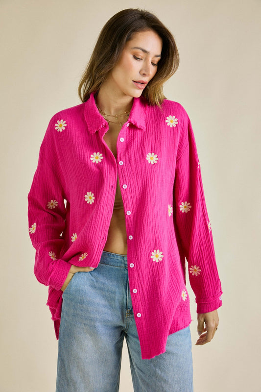 Gauze Daisy Embroidered Top