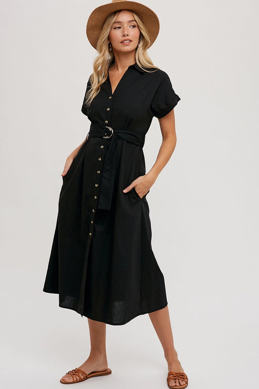 Button Down Belted Midi Dress