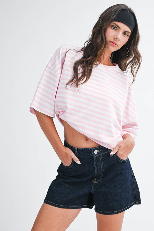 Oversized Stripe Boyfriend Tee I Pink