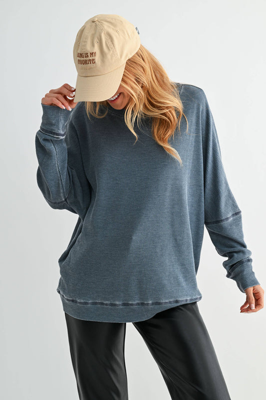 Navy Waffle Ribbed Pullover