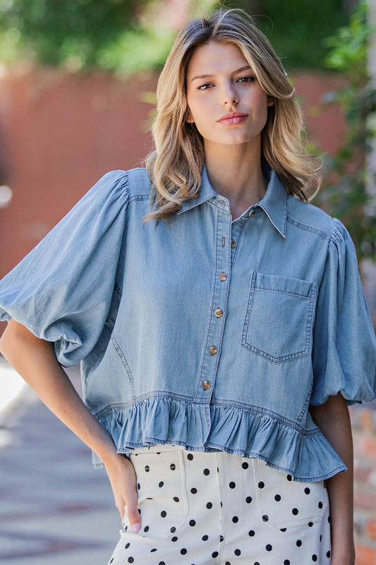 Denim Puff Sleeve Blouse