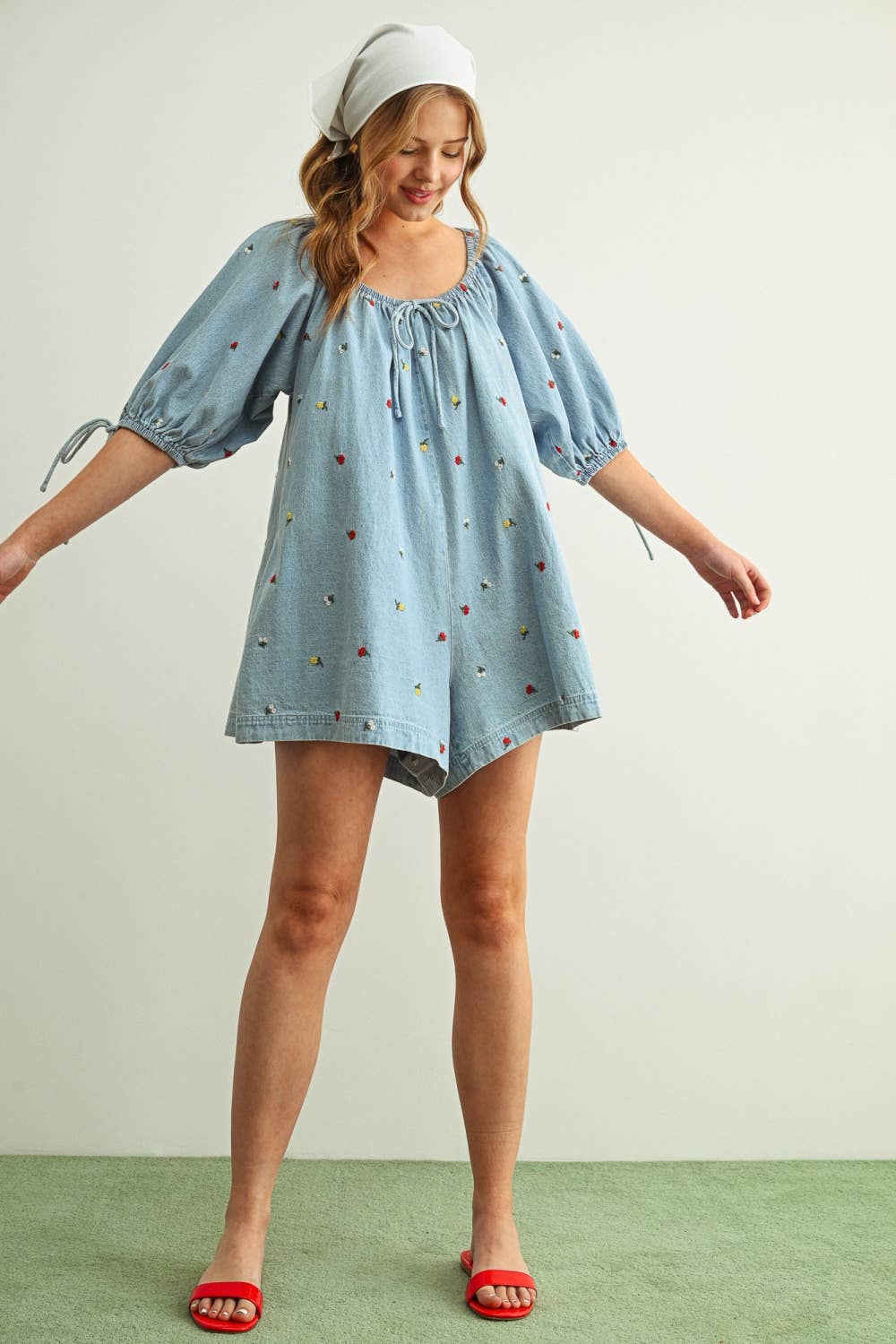 Embroidered Denim Romper